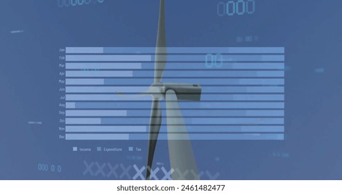 Image of financial data processing over wind turbine. Global environment, finance, business, connections, computing and data processing concept digitally generated image.