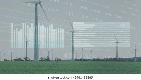 Image of financial data processing over wind turbines. Global environment, finance, business, connections, computing and data processing concept digitally generated image.