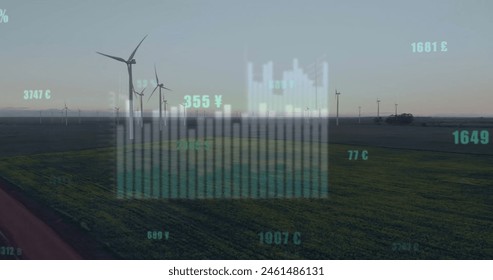 Image of financial data processing over wind turbines. Global environment, finance, business, connections, computing and data processing concept digitally generated image.