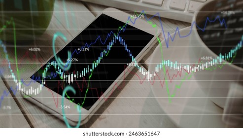 Image of financial data processing over smartphone on desk. digital interface, global finance and business concept digitally generated image.