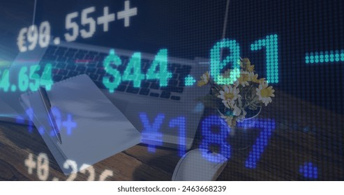 Image of financial data processing over desk with notebook and laptop. global finance and business concept digitally generated image. - Powered by Shutterstock - Get 15% off with code: PIKWIZARD15