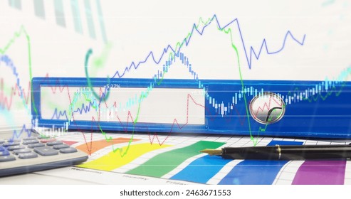 Image of financial data processing over desk with blue file. global finance and business concept digitally generated image.