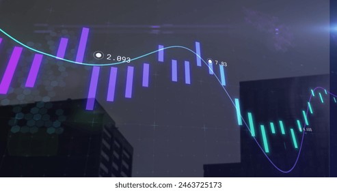 Image of financial data processing over cityscape. Global business, finances, computing and data processing concept digitally generated image.