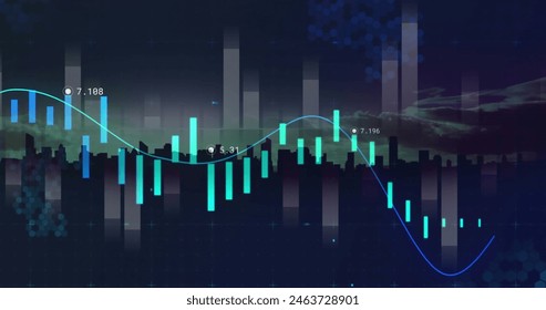 Image of financial data processing over cityscape. Global business, finances, computing and data processing concept digitally generated image.