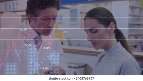 Image of financial data processing over caucasian male pharmacist and female customer. Global pharmaceuticals, business, finance, computing and data processing concept digitally generated image. - Powered by Shutterstock