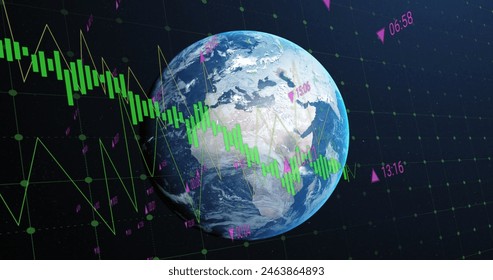 Image of financial data processing over globe. Global business, finances, computing and data processing concept digitally generated image.