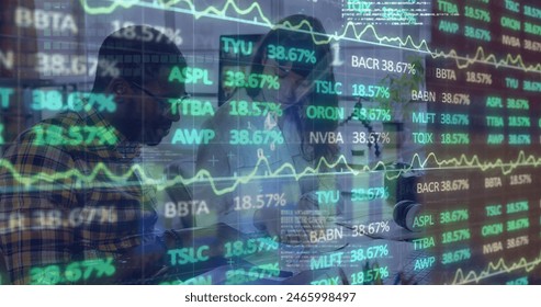 Image of financial data processing over business people using computer. Global business and data processing concept digitally generated image.