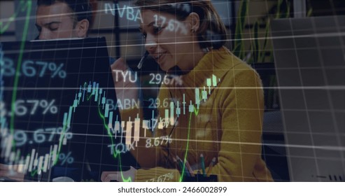 Image of financial data processing over business people using computer. Global business and data processing concept digitally generated image.