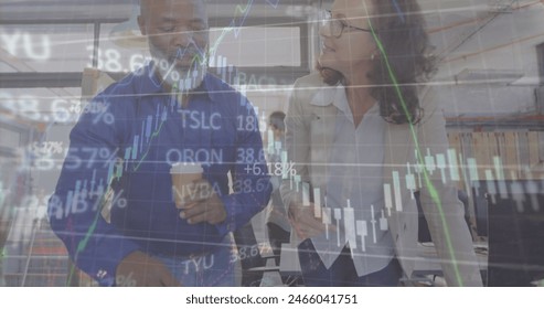 Image of financial data processing over business people in office. Global business, finance, computing and data processing concept digitally generated image.