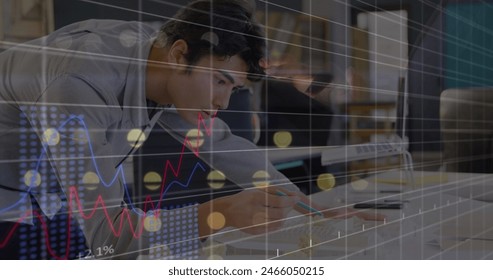 Image of financial data processing over biracial businessman. Global business, finance and data processing concept digitally generated image.