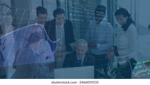 Image of financial data processing over diverse business people. Global business, finances, computing and data processing concept digitally generated image.