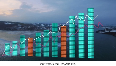 Image of financial data processing over landscape. Global business, finances and digital interface concept digitally generated image.