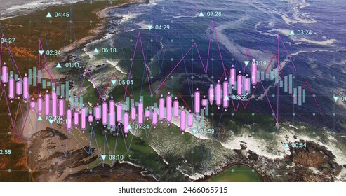 Image of financial data processing over aerial view of sea waves. Global finance and business technology concept