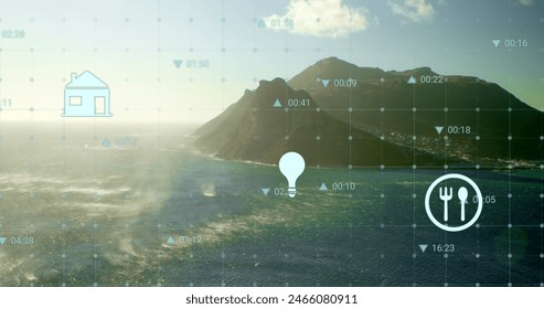 Image of financial data processing over landscape. Global business, finances and digital interface concept digitally generated image.