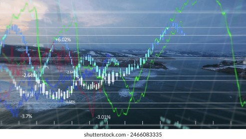 Image of financial data processing over landscape. Global business, finances and digital interface concept digitally generated image.