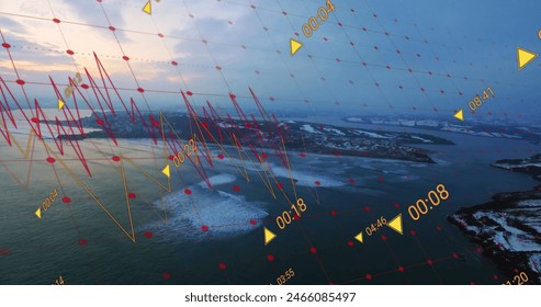 Image of financial data processing over landscape. Global business, finances and digital interface concept digitally generated image.