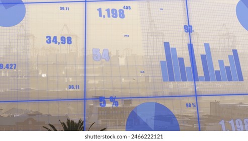 Image of financial data processing over cityscape. Global business, finances and digital interface concept digitally generated image.