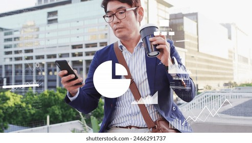 Image of financial data processing over asian businessman using smartphone in city. Global connections, business, computing and data processing concept digitally generated image. - Powered by Shutterstock - Get 15% off with code: PIKWIZARD15