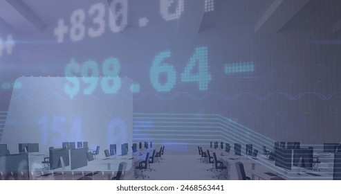 Image of financial data processing over office desks with computers. Global business, finances, communication and digital interface concept digitally generated image.