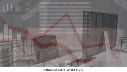 Image of financial data processing over office desk with computer. Global business, finances, communication and digital interface concept digitally generated image.