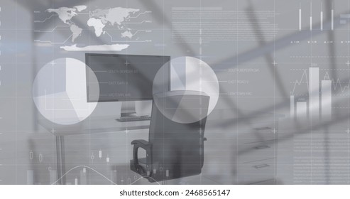 Image of financial data processing over office desk with computer. Global business, finances, communication and digital interface concept digitally generated image.