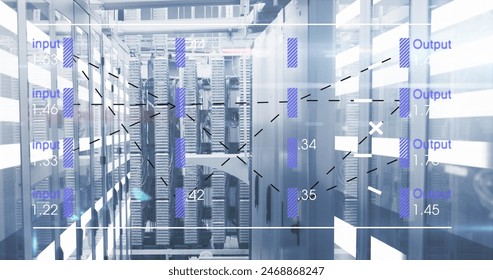 Image of financial data processing over server room. Global business, finances, technology and digital interface concept digitally generated image.