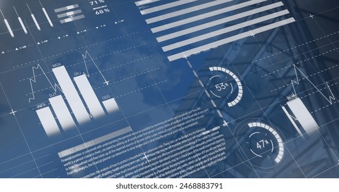 Image of financial data processing over cityscape. Global business, finances and digital interface concept digitally generated image.