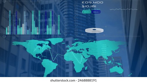 Image of financial data processing over cityscape. Global business, finances and digital interface concept digitally generated image.
