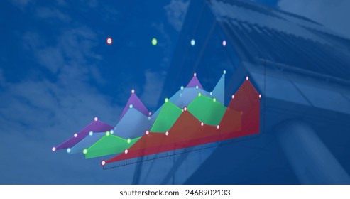 Image of financial data processing over modern building. Global business, finances and digital interface concept digitally generated image.
