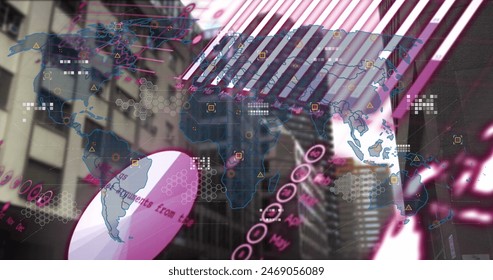 Image of financial data processing over cityscape. Global business, finances, computing and data processing concept digitally generated image.