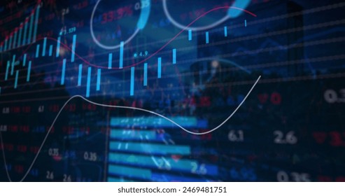 Image of financial data processing over cityscape. global fiances, connections, data processing and digital interface concept digitally generated image.