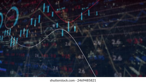 Image of financial data processing over dark background. global fiances, connections, data processing and digital interface concept digitally generated image.
