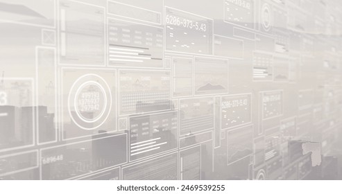 Image of financial data processing over cityscape. Global business, finance, digital interface, computing and data processing concept digitally generated image.
