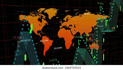 Image of financial data processing over world map against black background. Lobal finance and business networking technology concept