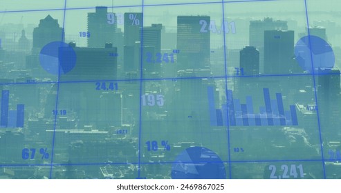 Image of financial data processing over cityscape. Global business, finances and digital interface concept digitally generated image.