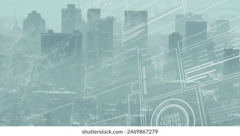 Image of financial data processing over cityscape. Global business, finances and digital interface concept digitally generated image.