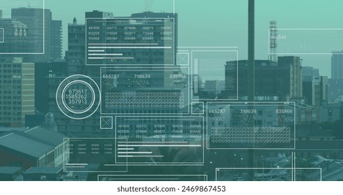 Image of financial data processing over cityscape. Global business, finances and digital interface concept digitally generated image.