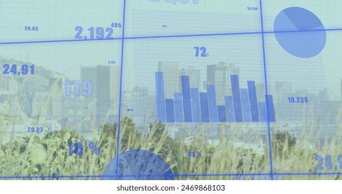 Image of financial data processing over cityscape. Global business, finances and digital interface concept digitally generated image.