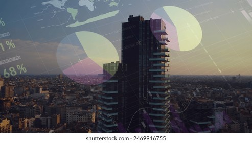 Image of financial data processing over high voltage lines. Global business, finances, data processing and digital interface concept digitally generated image.