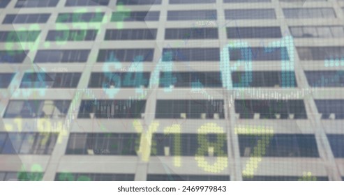 Image of financial data processing over cityscape. Global business and data processing concept digitally generated image.