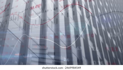 Image of financial data processing over cityscape. Global business and data processing concept digitally generated image.