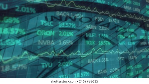 Image of financial data processing over clock. Global business and data processing concept digitally generated image.