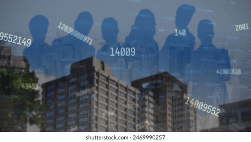 Image of financial data processing over cityscape and group of people. Global business and data processing concept digitally generated image.