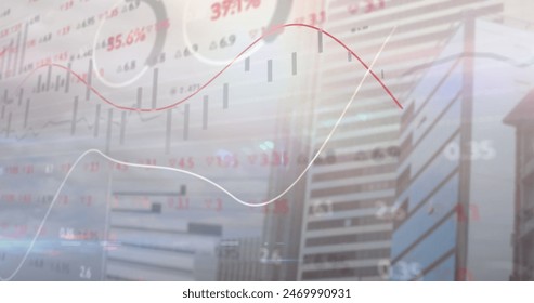 Image of financial data processing over cityscape. Global business and data processing concept digitally generated image.