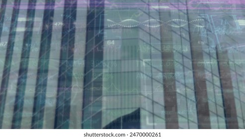 Image of financial data processing over cityscape. Global business and data processing concept digitally generated image.