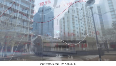 Image of financial data processing over cityscape. Global business and data processing concept digitally generated image.