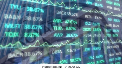 Image of financial data processing over clock. Global business and data processing concept digitally generated image.