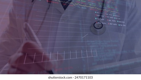 Image of financial data processing over businessman using smartphone. Global connections digital interface and technology concept digitally generated image.