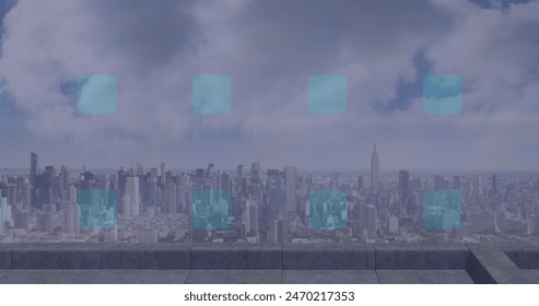 Image of financial data processing over cityscape. Global business, finances and digital interface concept digitally generated image.