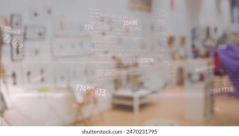 Image of financial data processing over shop. Global business, finances, computing and data processing concept digitally generated image.